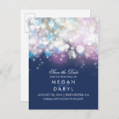 String Lights Navy rustiek Save the Date Aankondigingskaart (Voorkant / Achterkant)