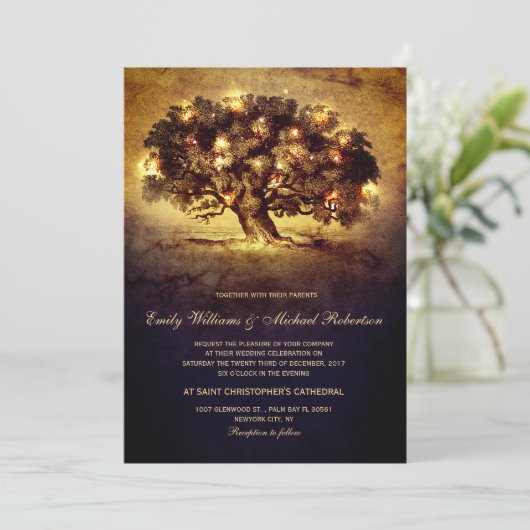  String Lights Oak Tree Country Wedding Kaart (Staand voorkant)