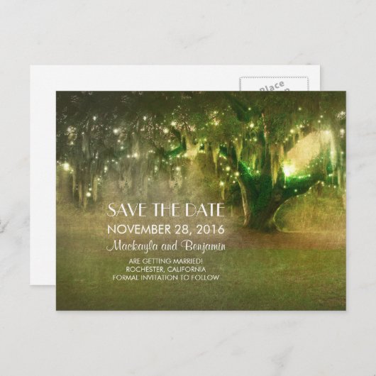 String Lights Oak Tree Rustic Save the Date Aankondigingskaart (Voorkant / Achterkant)