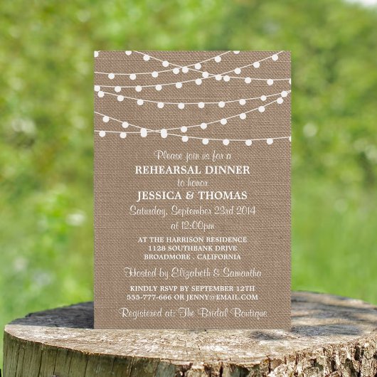 String Lights on Burlap Wedding Rehearsal Dinner Kaart