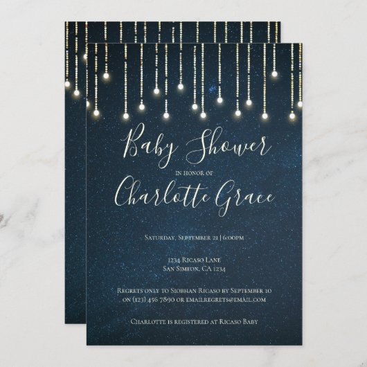 String Lights on Starry Sky Baby shower (unisex) Kaart (Voorkant / Achterkant)
