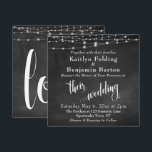 String Lights op Chalkboard Typografie Trouwen Kaart<br><div class="desc">Deze verfijnde maar rustieke trouwkaart heeft een getextureerd krijtbord achtergrond afbeelding met snaren van wit licht snaren. Ik heb een elegant, wervelend lettertype uit mijn collectie toegevoegd om afbeeldingen weer te geven die de woorden "hun" en "bruiloft" weergeven; op de achterkant heb ik het woord "liefde" geplaatst. Uw persoonlijke gegevens...</div>