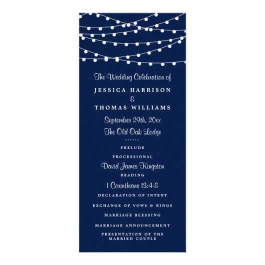 String Lights op Navy Blue Wedding Program Reclamekaart (Voorkant)