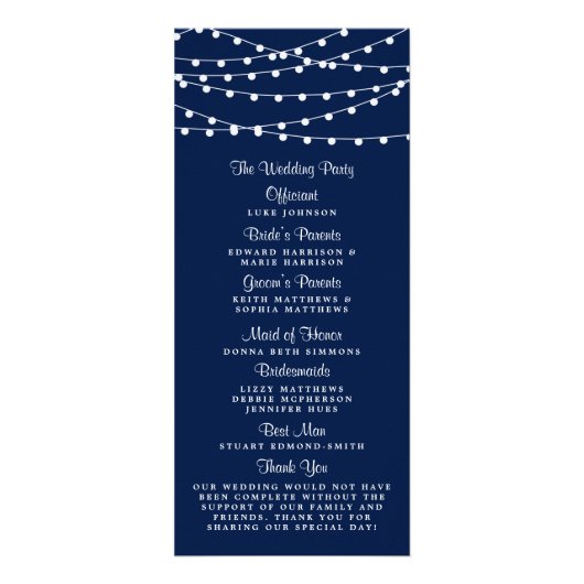 String Lights op Navy Blue Wedding Program Reclamekaart (Achterkant)