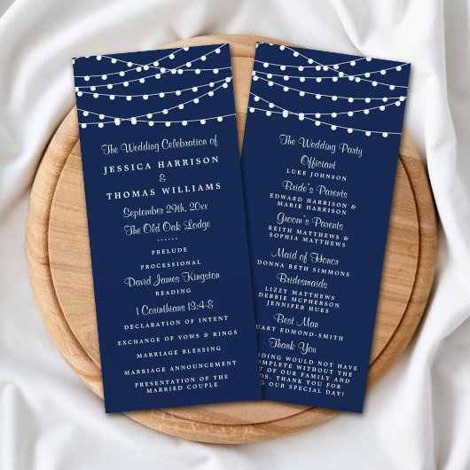 String Lights op Navy Blue Wedding Program Reclamekaart