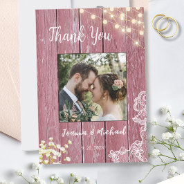 String Lights Paarse hout & kant bruiloft dank u Bedankkaart