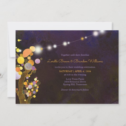 String Lights Paarse Love Trees Wedding Kaart (Achterkant)