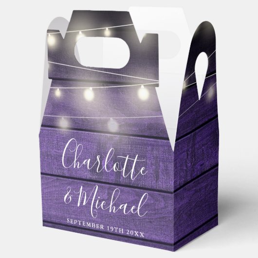 String Lights Paarse rustieke houten script bruilo Bedankdoosjes (Geopend)