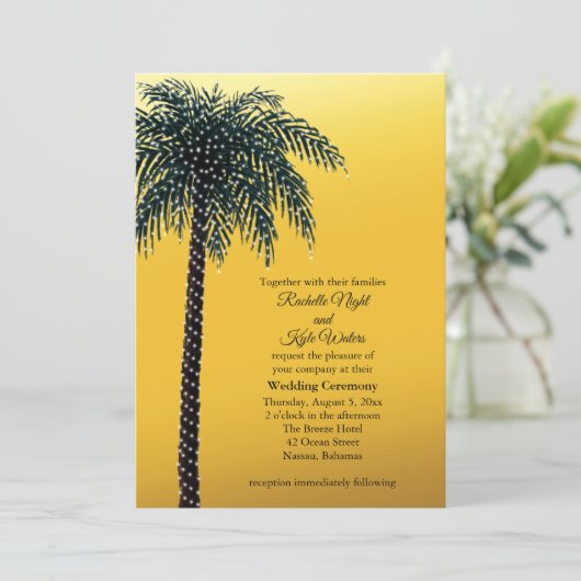 String Lights Palm Tree Golden Wedding Uitnodiging (Staand voorkant)