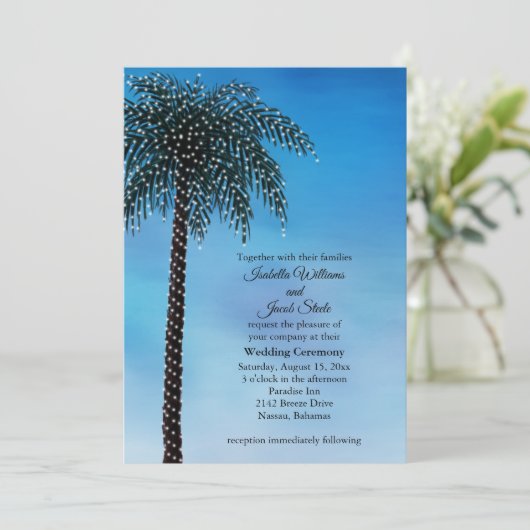 String Lights Palm Tree Wedding Nodig Waterverf ui Kaart (Staand voorkant)