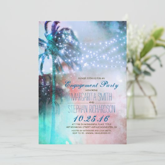 String Lights Palmbomen Beach Engagement Party Kaart (Staand voorkant)