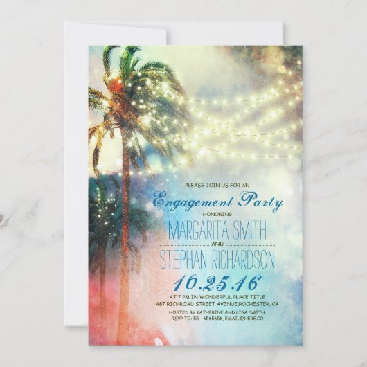 String Lights Palmbomen Beach Engagement Party Kaart (Voorkant)