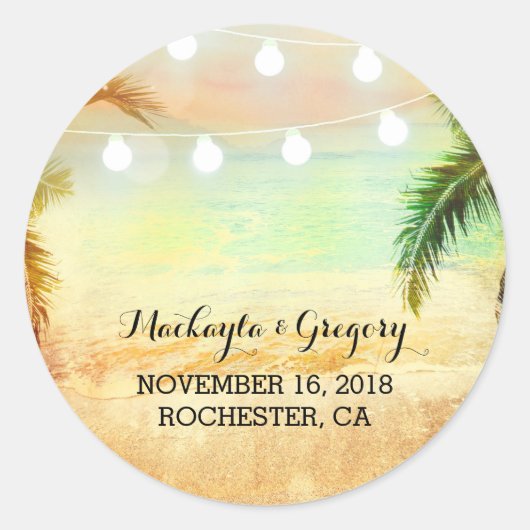 String Lights Palmen Strand Sunset Bruiloft Sticke Ronde Sticker (Voorkant)