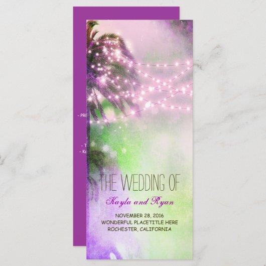 String Lights Palms Beach Paarse huwelijksprogramm Programmakaart (Voorkant / Achterkant)