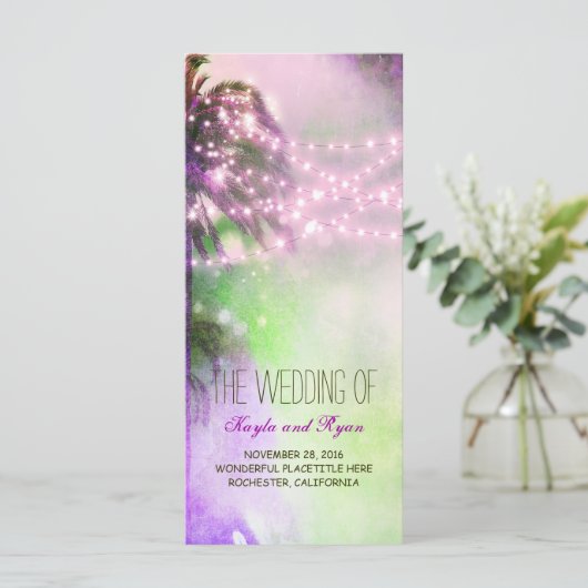 String Lights Palms Beach Paarse huwelijksprogramm Programmakaart (Staand voorkant)
