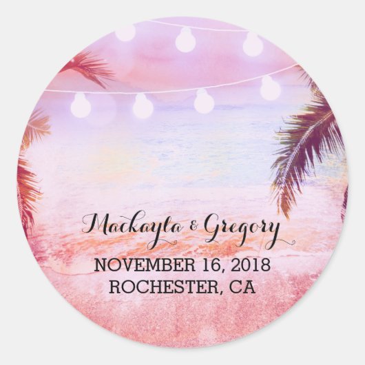 String Lights Palms Beach Sunset Paarse bruiloft Ronde Sticker (Voorkant)