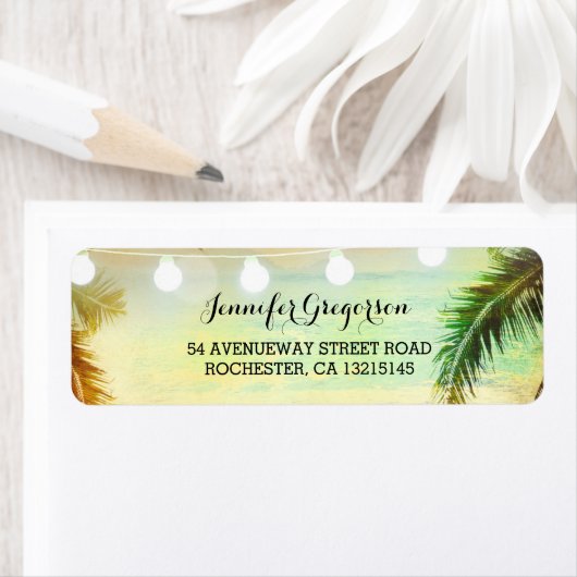 String Lights Palms Strand Zonsondergang Retourbru Etiket (Insitu)