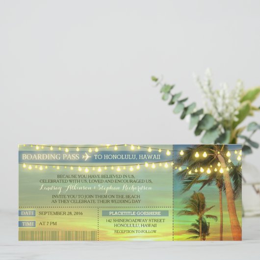 String Lights Palms Wedding Boarding Pass Tickets Kaart (Staand voorkant)
