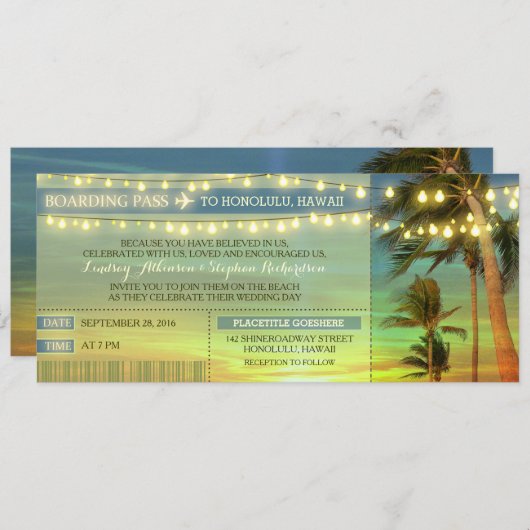 String Lights Palms Wedding Boarding Pass Tickets Kaart (Voorkant / Achterkant)