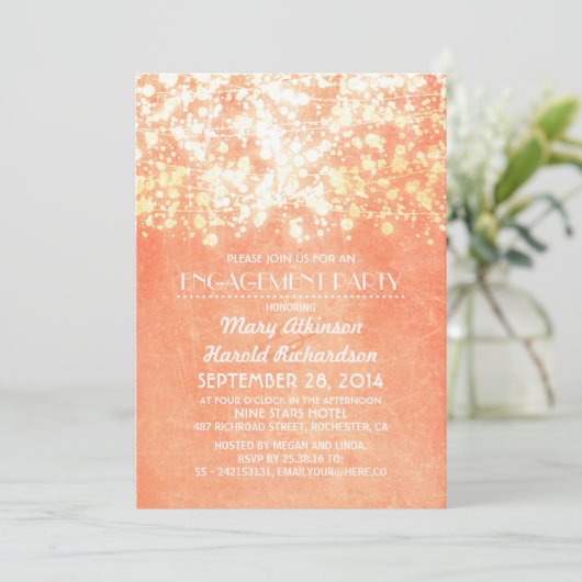 String Lights Perzik en goud verlovingsfeest Kaart (Staand voorkant)