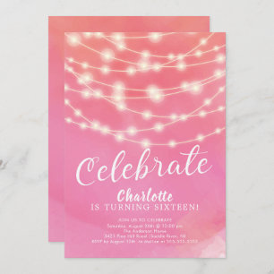 String Lights Pink Sweet 16th Birthday Invitation Kaart