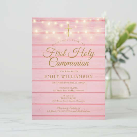 String Lights Pink Wood First Heilige Communie Kaart (Staand voorkant)
