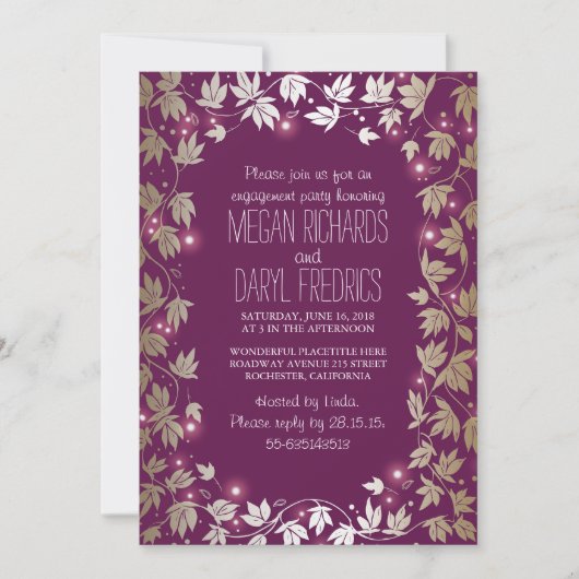 String Lights Plum - Gold Garden Engagement Party Kaart (Voorkant)