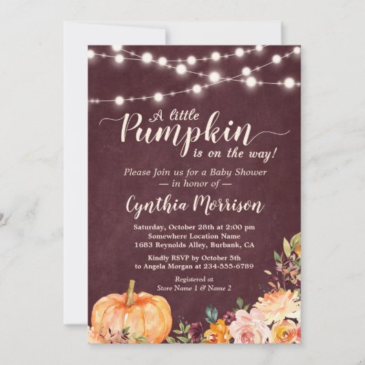 String Lights Pumpkin Baby shower Burgundy Floral Kaart (Voorkant)