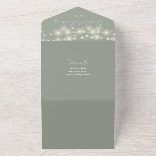 String Lights QR Code Salie Green Wedding All In One Uitnodiging (Buitenkant)