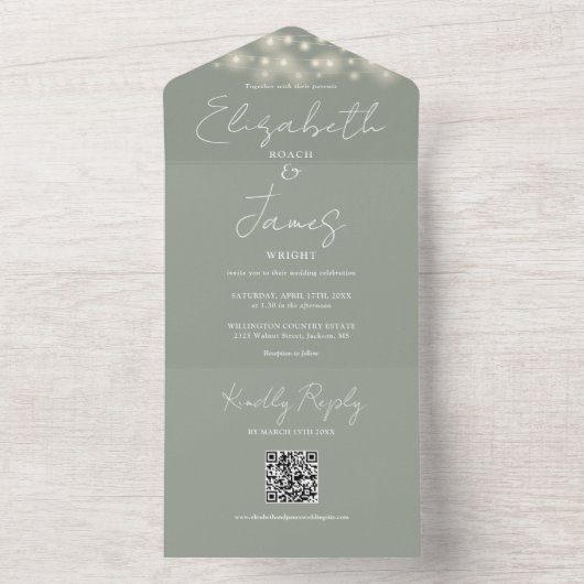String Lights QR Code Salie Green Wedding All In One Uitnodiging (Binnen)