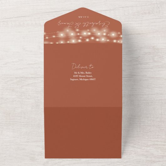 String Lights QR Code Terracotta Wedding All In One Uitnodiging (Buitenkant)