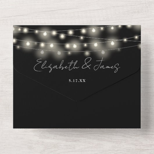 String Lights QR Code Zwart-wit bruiloft All In One Uitnodiging (Achterkant)