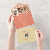 String Lights Retro Perzik Bruiloft QR Code All In One Uitnodiging (Afscheurbaar)