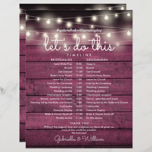 String Lights Rood Hout Trouwschema Tijdlijn (Voorkant / Achterkant)