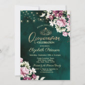 String Lights Roze Bloemen Groen Quinceañera Kaart (Voorkant)