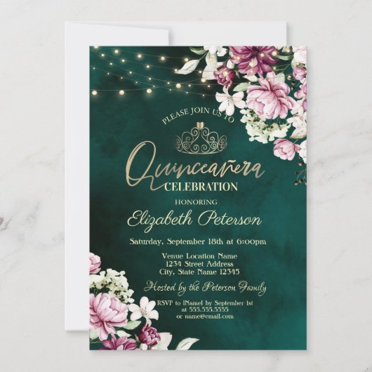 String Lights Roze Bloemen Groen Quinceañera Kaart (Voorkant)