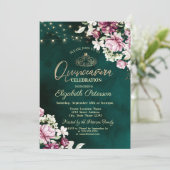 String Lights Roze Bloemen Groen Quinceañera Kaart (Staand voorkant)