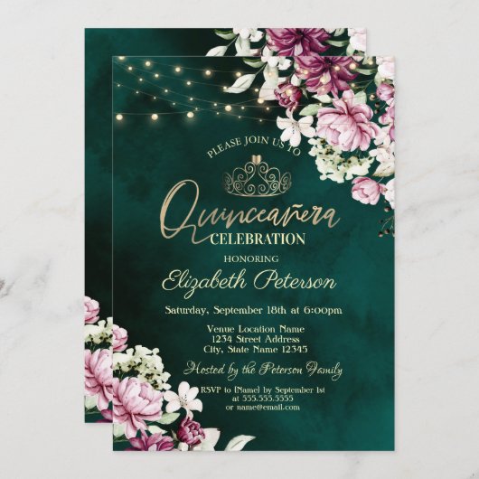 String Lights Roze Bloemen Groen Quinceañera Kaart (Voorkant / Achterkant)