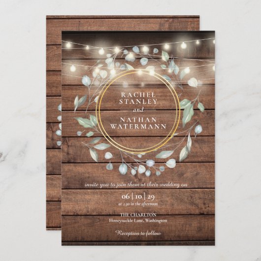 String Lights Rustic Barn Wood Greenery Wedding Kaart (Voorkant / Achterkant)