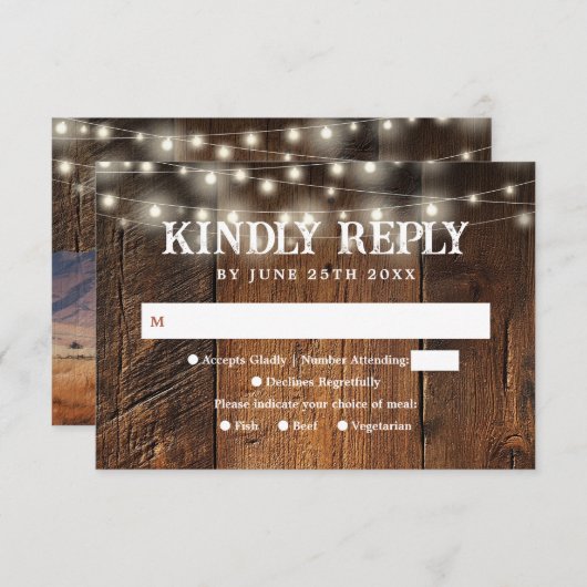 String Lights Rustic Barn Wood Western Wedding RSVP Kaartje (Voorkant / Achterkant)