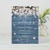 String Lights Rustic Blue Wood Blossom Wedding Kaart (Staand voorkant)
