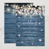 String Lights Rustic Blue Wood Blossom Wedding Kaart (Voorkant / Achterkant)