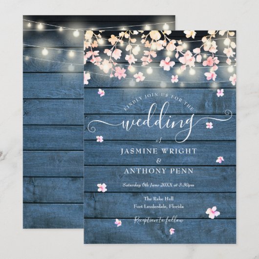 String Lights Rustic Blue Wood Blossom Wedding Kaart (Voorkant / Achterkant)