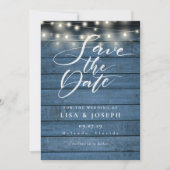 String Lights Rustic Blue Wood Photo Wedding Save The Date (Voorkant)