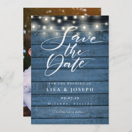 String Lights Rustic Blue Wood Photo Wedding Save The Date (Voorkant / Achterkant)