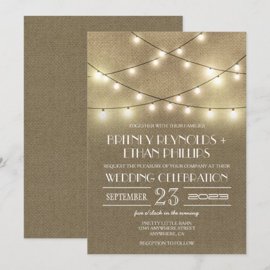 String Lights + Rustic Burlap Wedding Invitations Kaart (Voorkant / Achterkant)