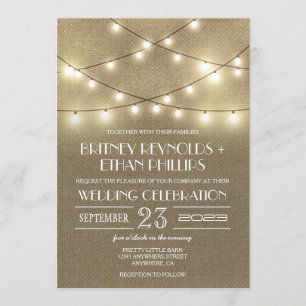 String Lights + Rustic Burlap Wedding Invitations Kaart