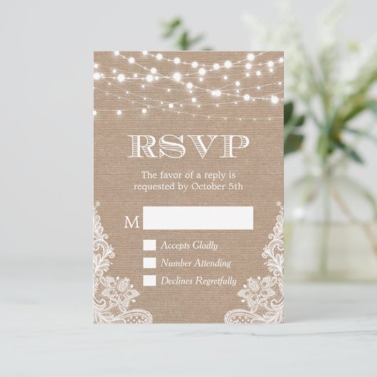 String Lights Rustic Country Burlap Lace RSVP (Staand voorkant)