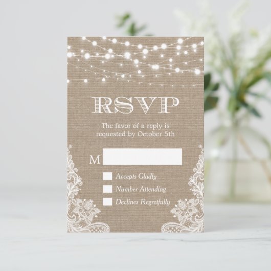 String Lights Rustic Country Burlap Lace RSVP Kaartje (Staand voorkant)