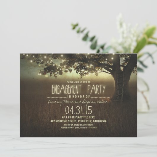 String Lights Rustic Engagement Party Uitnodiging (Staand voorkant)